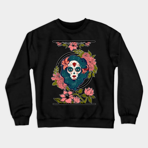 Sugar Skull Girl Floral Magnolia Crewneck Sweatshirt by Redmanrooster